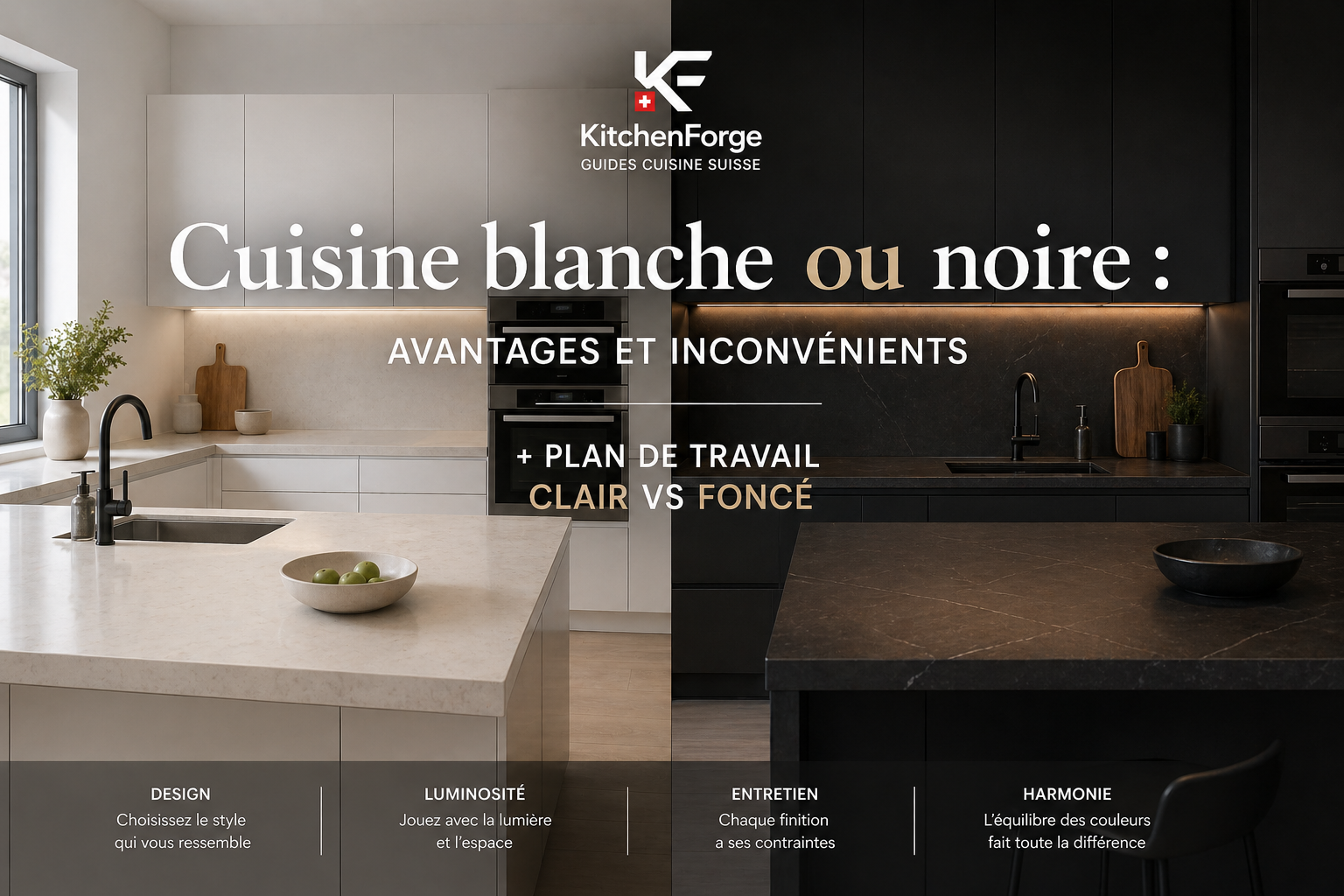 Cuisine blanche ou noire : avantages et inconvénients (+ plan de travail clair vs foncé) (guide 2026)