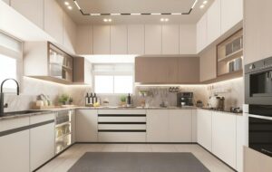 Bright spacious modern kitchen interior with sleek cabinets and appliances.